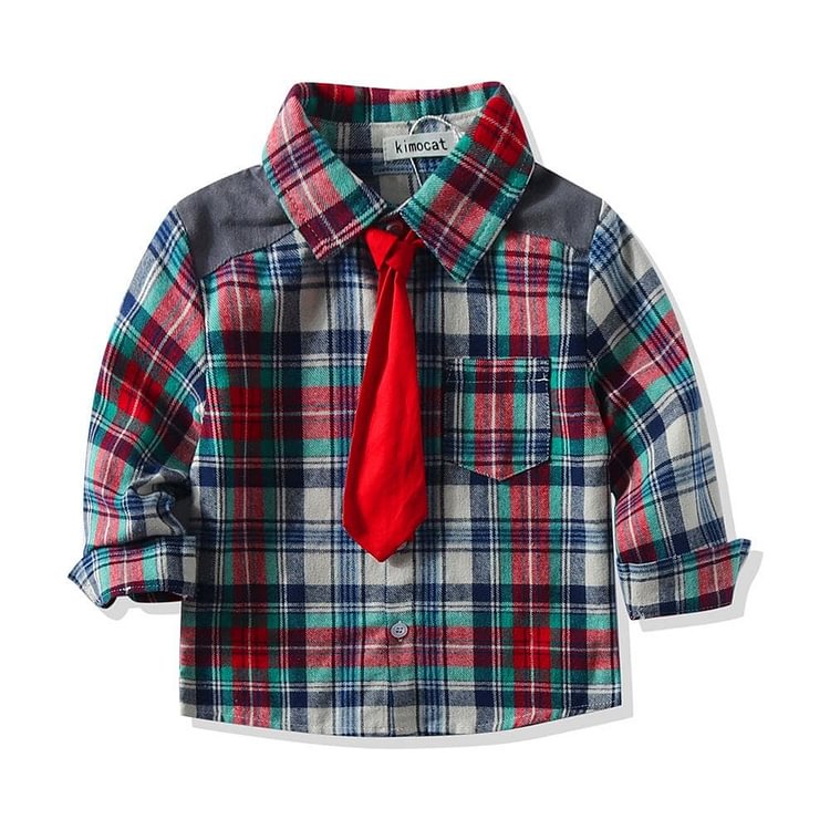 Mayoulove Baby Boy Plaid Christmas Shirt With Tie-Mayoulove