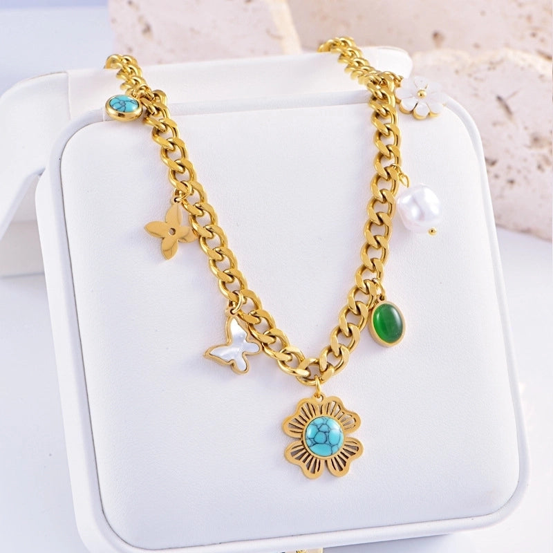 Bohemian Heart Shape Flower Titanium Steel Plating Pendant Necklace