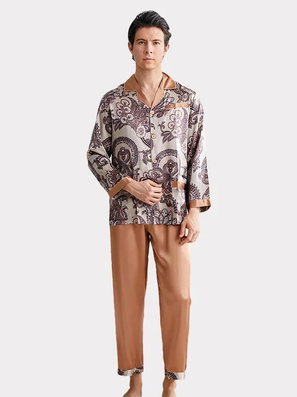 19 Momme Brown Printed Silk Pajamas For Men