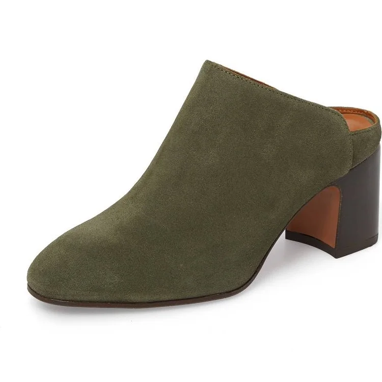 Women's Olive Round Toe Vegan Suede Block Heels Mules Shoes |FSJ Shoes