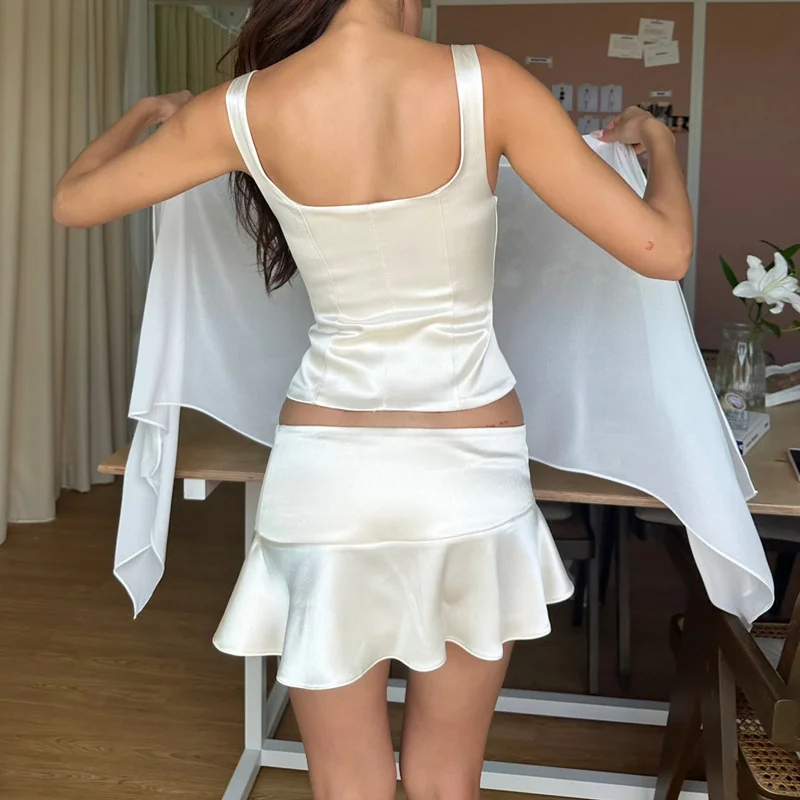 Uveng Uveng Spring Women's New Fashion Sexy Hot Girl Satin Lace-Up Neck Vest Temperament Slim Skirt Suit