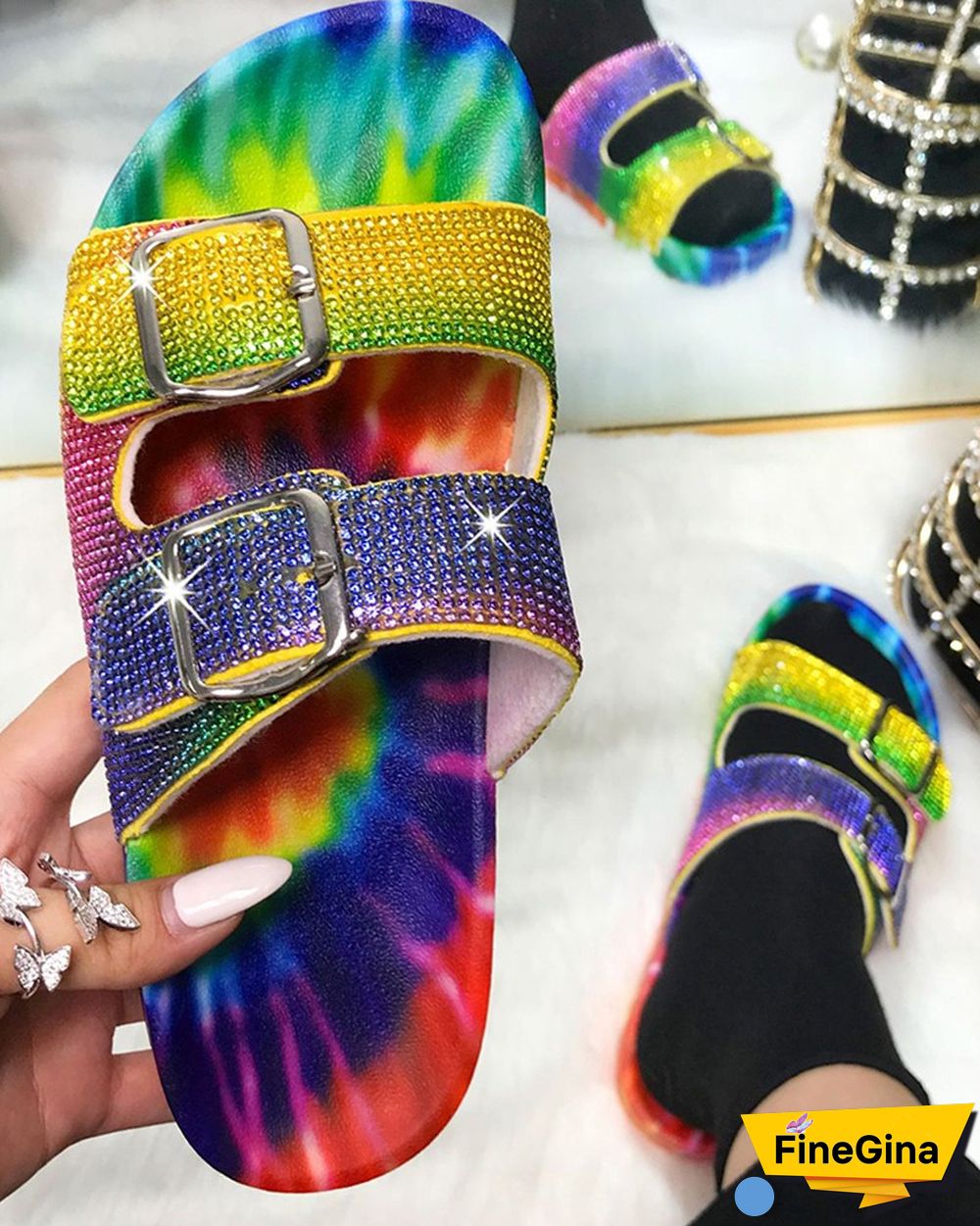 Studded Twin Buckle Band Footbed Slide Slippers