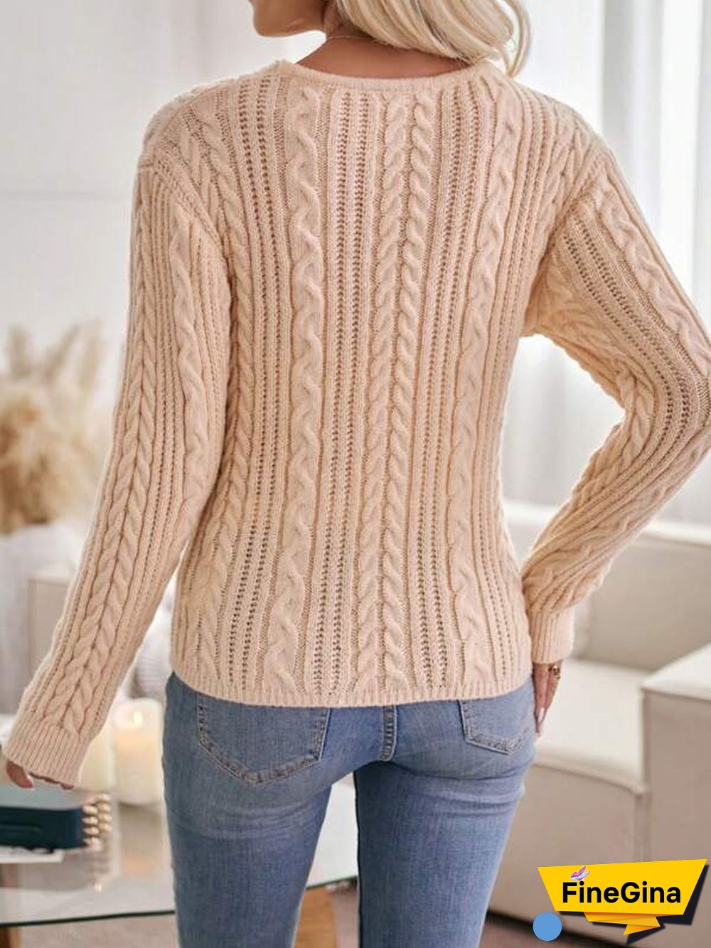 Khaki Plain V-Neck Sweater