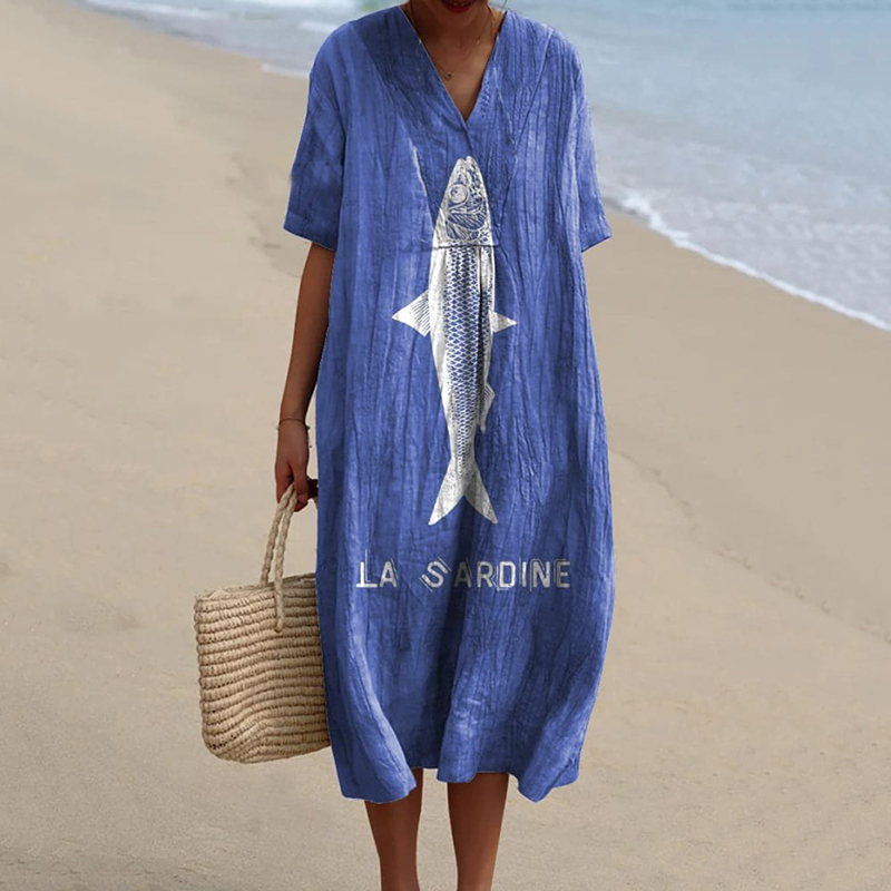 knee length dresses for ladies Sleeveless Fashion Dress Sardine Hand-Painted Graphic Luxury Beach Ski –  samplebydesignusa main image 1