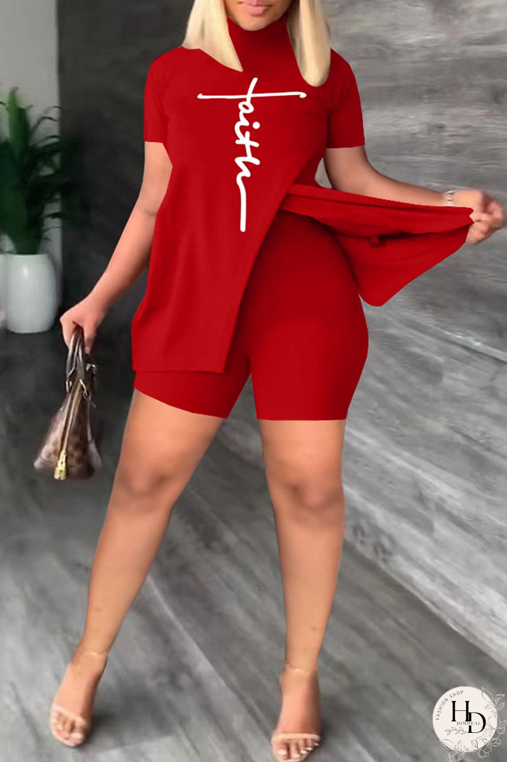 Khaki Casual Print Slit Turtleneck Short Sleeve Two Pieces