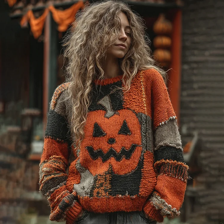 Vintage Halloween Pumpkin Face Patchwork  Crew Neck Cozy Top