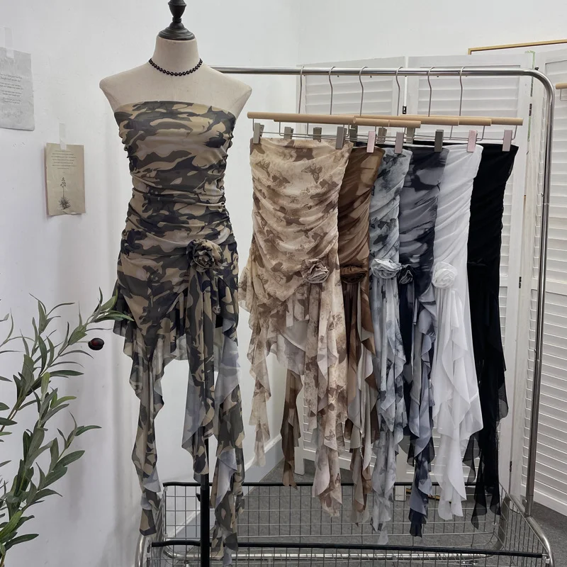 Uveng Solid Shot Tie Net Yarn Printing Irregular Ribbon Three-Dimensional Flowers Small Man With Chest Short Skirt Dress Dress 6652