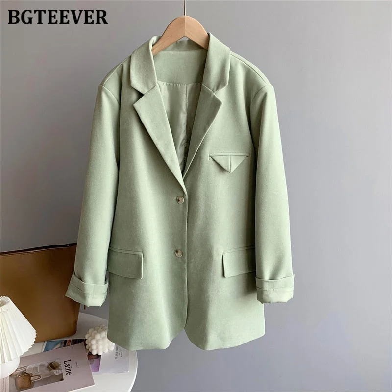BGTEEVER Casual Loose Single-breasted Mint Green Women Suit Blazer 2021 Spring Elegant Notched Collar Full Sleeve Female Jackets