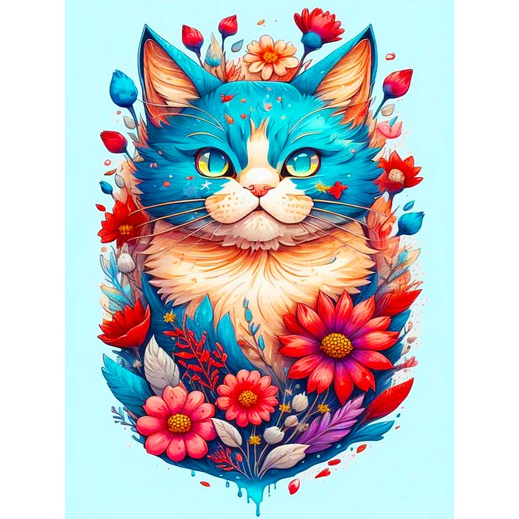 Flowers And A Proud Blue Cat 30*40CM(Canvas) Full Round Drill Diamond Painting gbfke