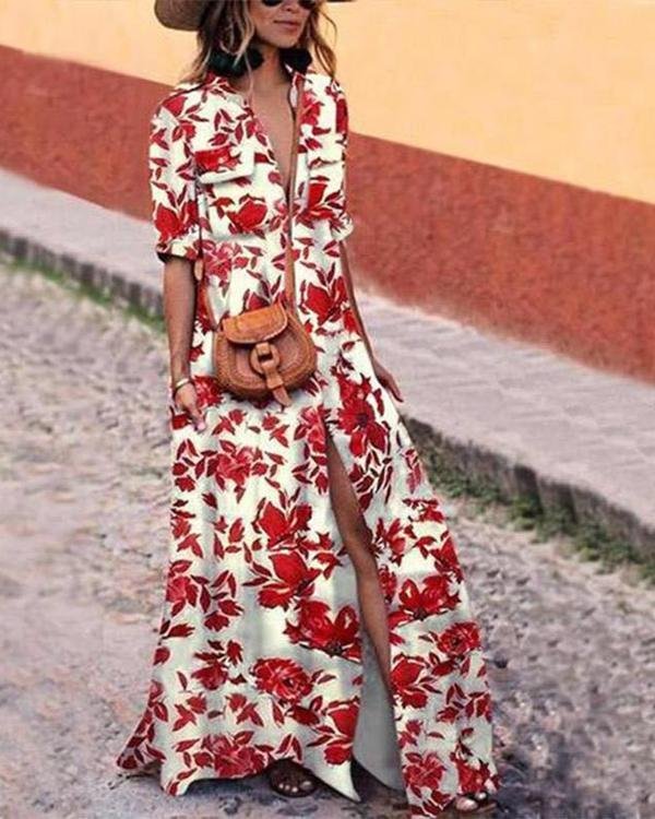 Women Button Down Collar Stripes Half Sleeve Maxi Dress