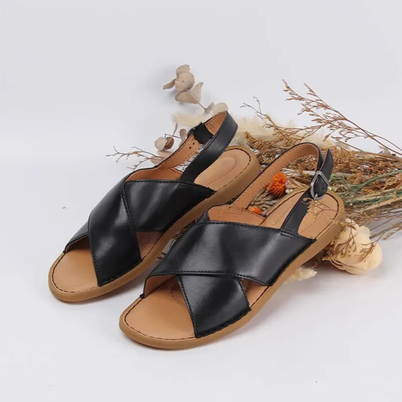 Women's Wide Strap Peep Toe Leather Flat Sandals Shoes