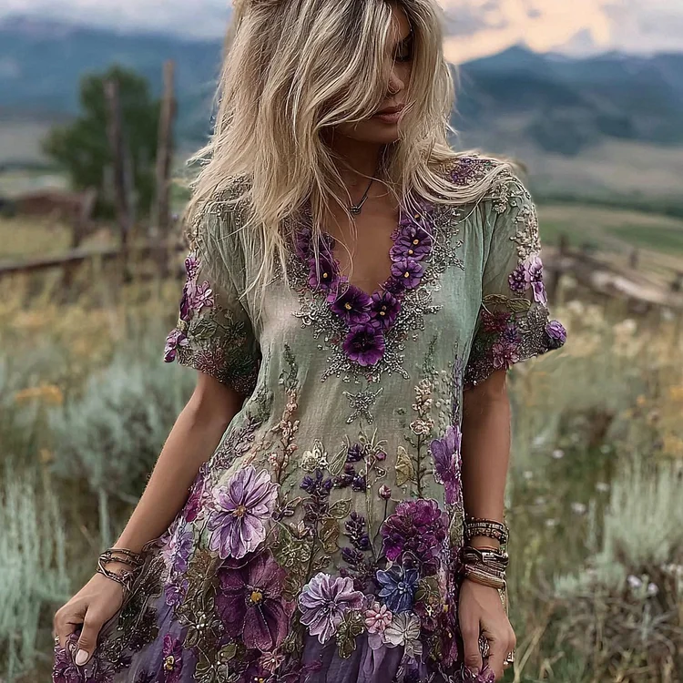 Vintage Gradient Purple Floral Embroidered Linen Midi Dress