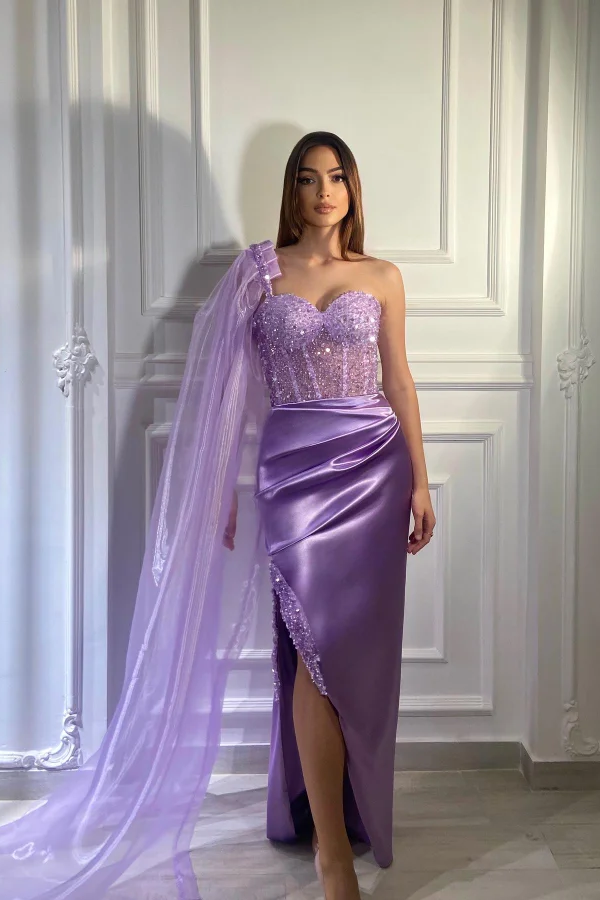 Daisda Charming Purple One Shoulder Sweetheart Split Prom Dress with Beadings