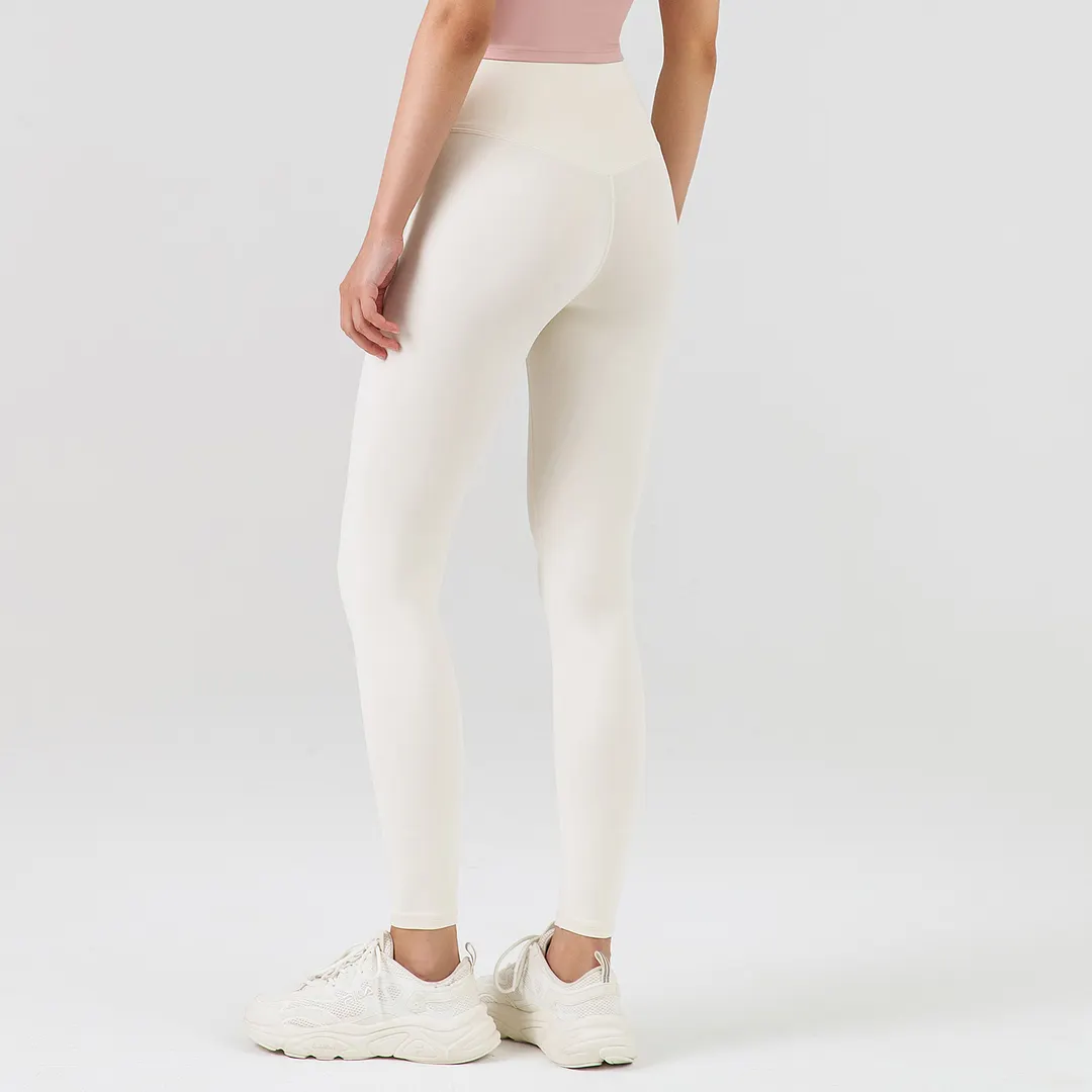 Hergymclothing Ivory White no camel toe slim fit wide waist bubble peach super stretch tummy control non see through nylon gym yoga pants for sale