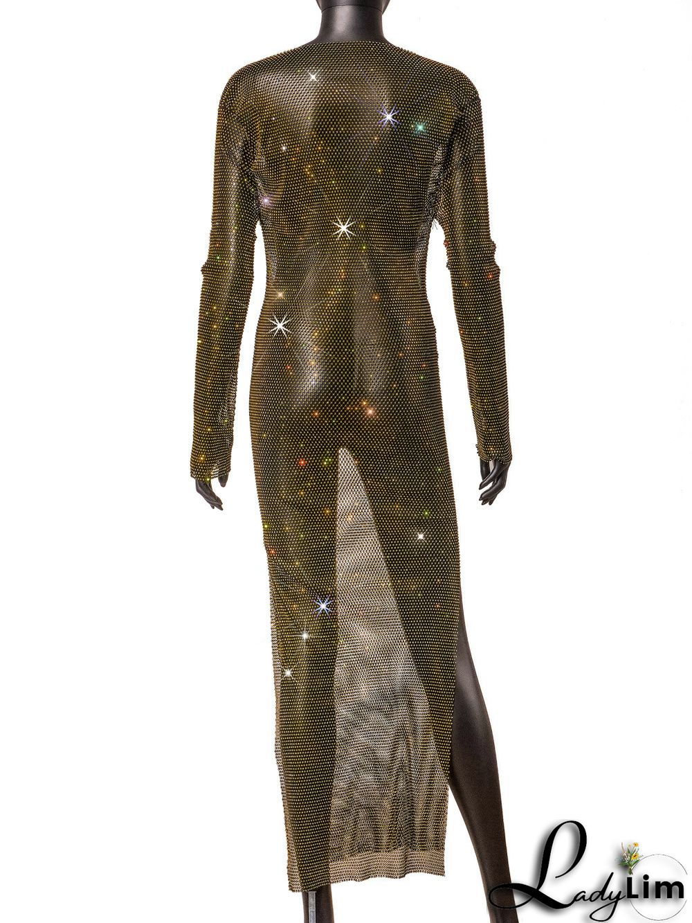 Women's Side Slit Party Night Round Neck Long Sleeve Sparkly Beaded Maxi Dress