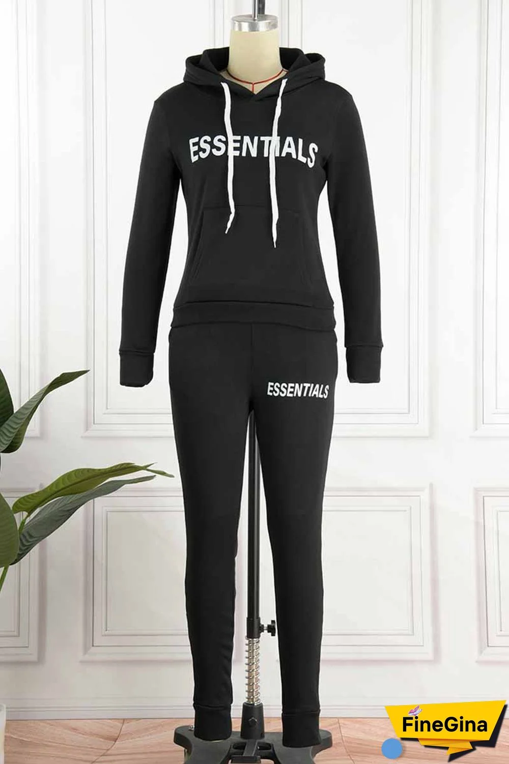 Pink Elegant Print Letter Hooded Collar Long Sleeve Two Pieces