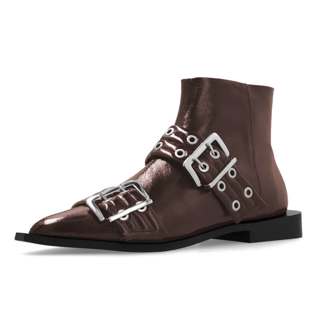 Brown Vegan Leather Pointed Toe Grommets Strap Flat Ankle Boots