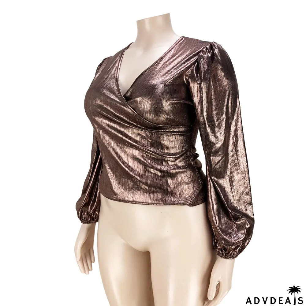 Plus Size Solid V Neck Long Sleeve Top