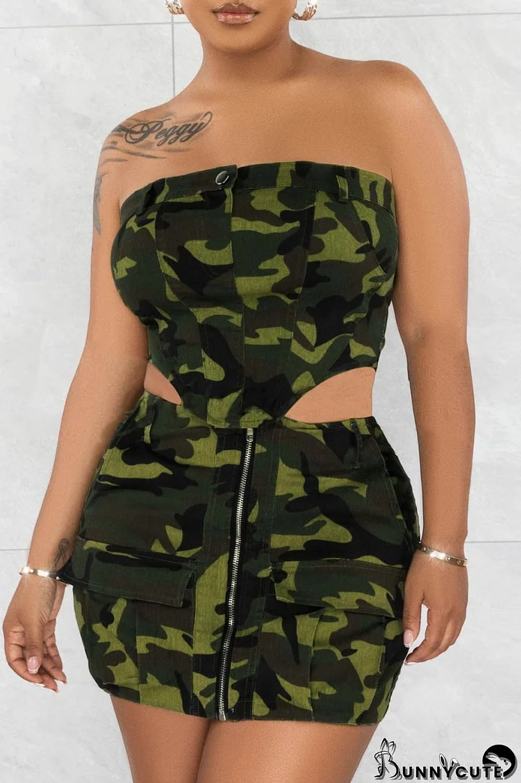 Army Green Sexy Casual Camouflage Print Backless Zipper Strapless Sleeveless Two Pieces