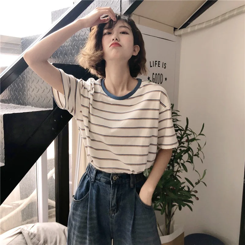 Uveng Uveng T-Shirt Women 2024 New Summer College Wind Loose Show Thin Stripe Students On Clothes Women's T-Shirt Ins Tide