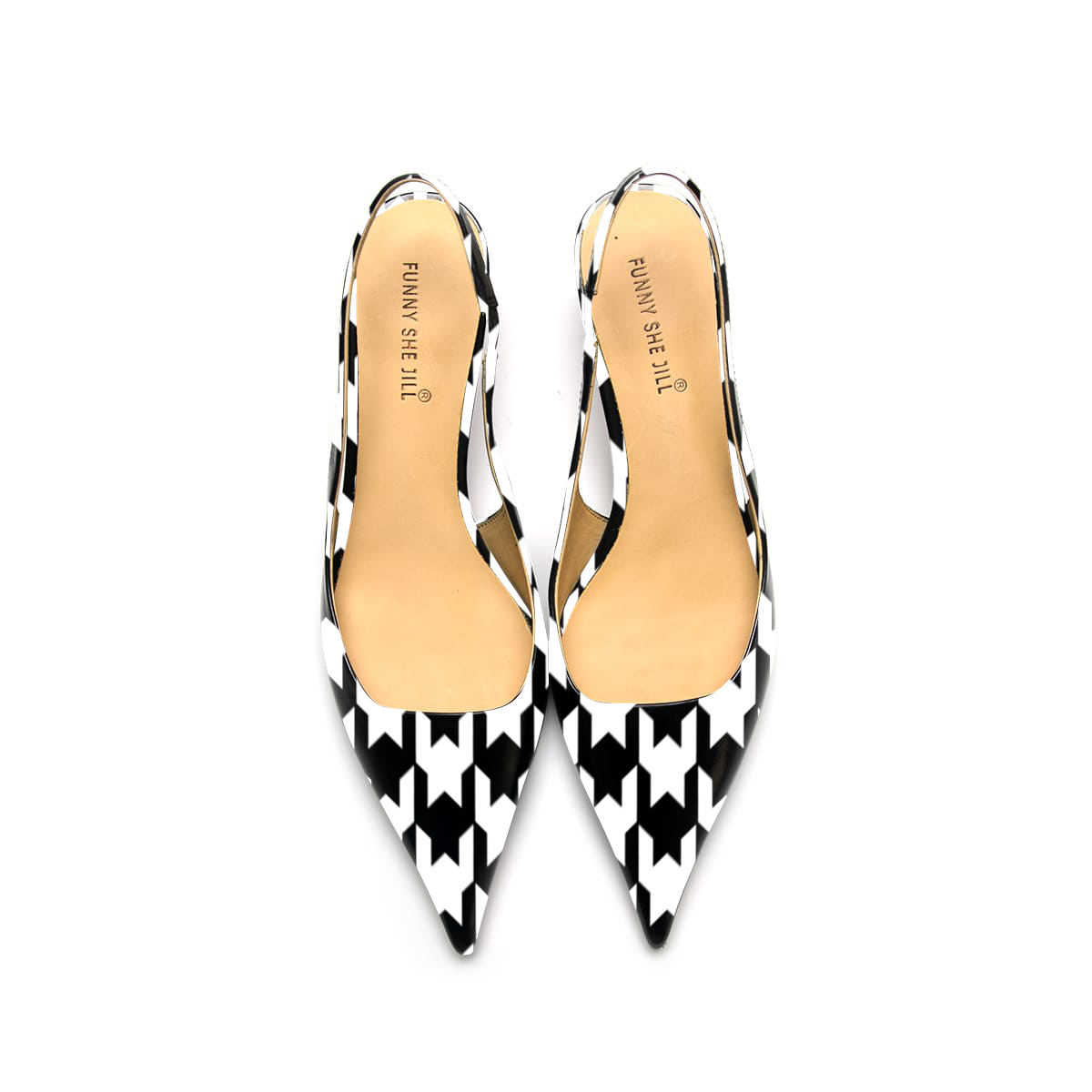 Black And White Geometric Pattern Patent Leather Pointed Toe Elegant Kitten Heel Nicepairs