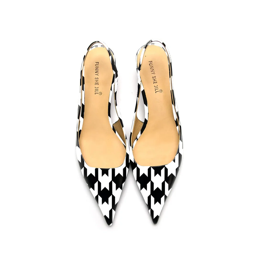 Black And White Geometric Pattern Patent Leather Pointed Toe Elegant Kitten Heel