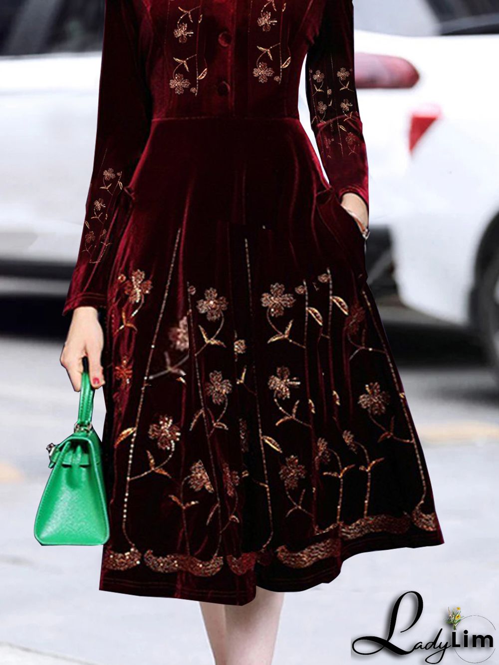 UR Casual Floral Stand Collar Button Long Sleeve Velvet Midi Dress