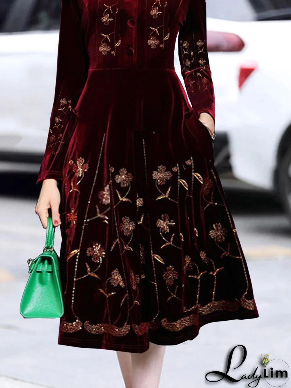 UR Casual Floral Stand Collar Button Long Sleeve Velvet Midi Dress
