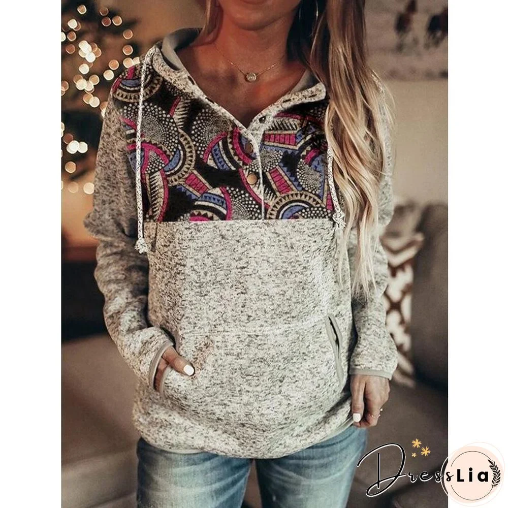 Grey Printed Long Sleeve Pullover Hoodie