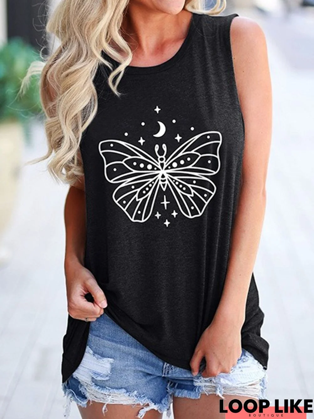 Black Butterfly Moon Printed Casual Shift Tanks & Camis