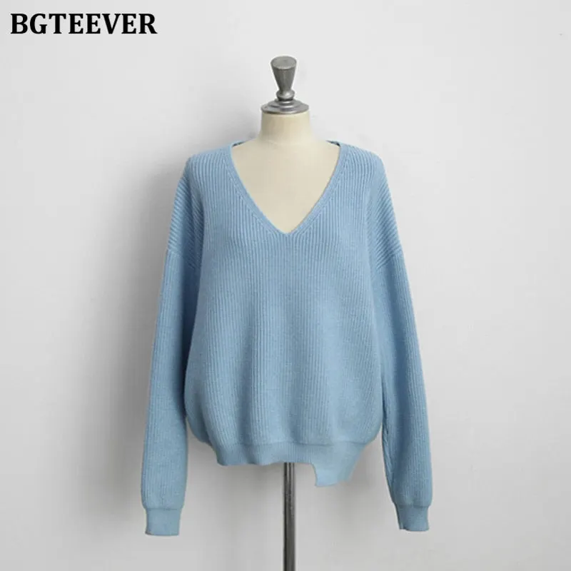 BGTEEVER Casual V-neck Long Sleeve Loose Women Pullover Sweaters 2020 Autumn Winter Chic Irregular Hem Female Knitting Jumpers