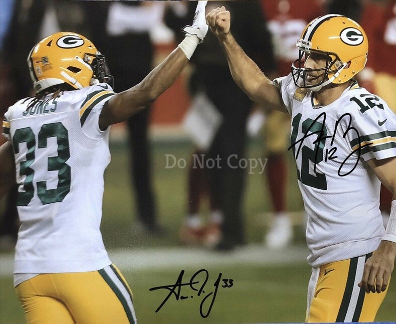 Aaron Rodgers & Aaron Jones Signed Photo Poster painting 8X10 rp Autographed Green Bay Packers