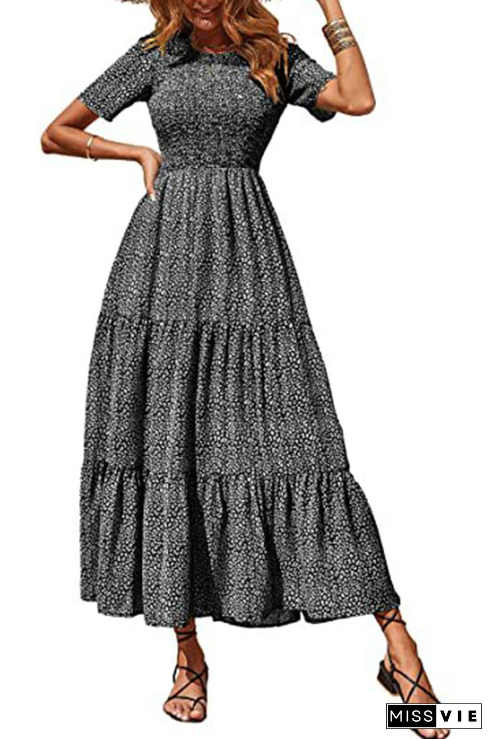 Floral Print Short Sleeve O Neck Long Dress Wholesale