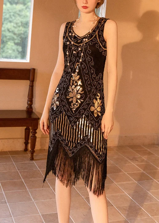 Women Sexy Black Tasseled Sequins Patchwork Dresses Sleeveless