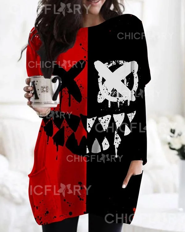 Halloween Long Sleeve Panel Casual Pocket Tee Top