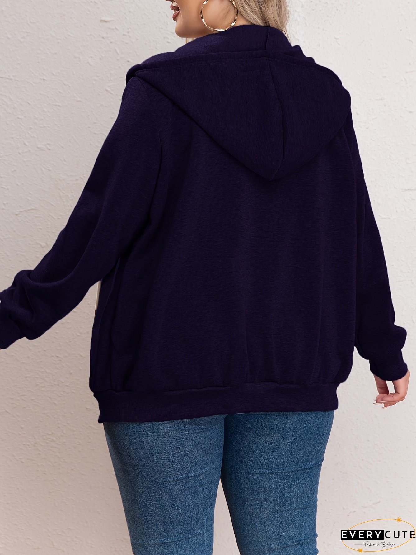 Plus Size Casual Sweatshirt, Women's Plus Solid Zipper Front Long Sleeve Drawstring Hooded Sweatshirt