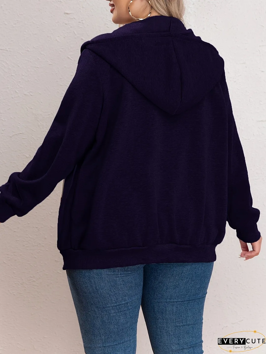 Plus Size Casual Sweatshirt, Women's Plus Solid Zipper Front Long Sleeve Drawstring Hooded Sweatshirt