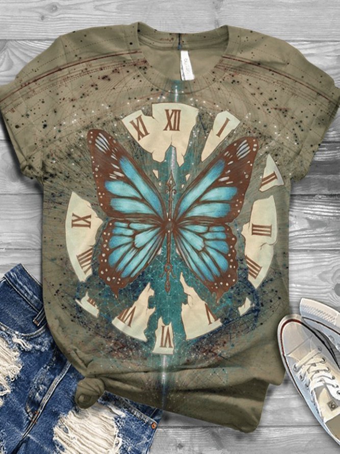 Plus Size Short Sleeve Cotton-Blend Tribal Crew Neck Shirts & Tops