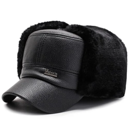 Winter Men s PU Imitation Leather Warm Baseball Caps Plus Velvet Fluff Earmuffs Hats Snapback Cap Bone Cold Proof Ski Hats