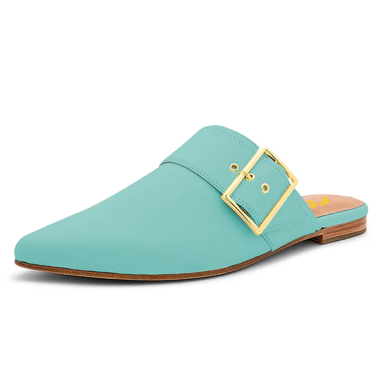 Turquoise Pointed Toe Buckle Comfortable Flat Mules for Women |FSJ Shoes