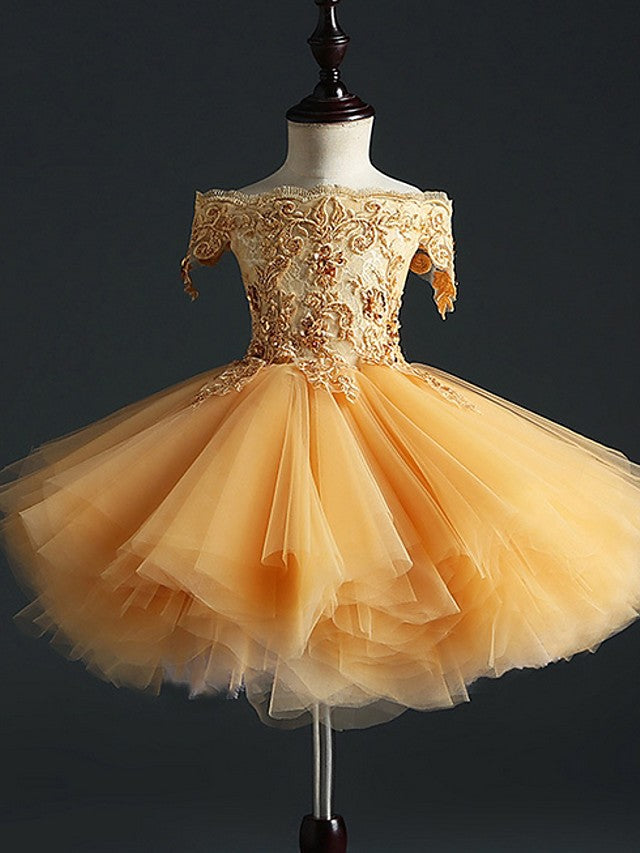 Tulle Off-The-Shoulder Short Sleeves Flower Girl Dress With Appliques And Pleated | FL0260 Wellcucu