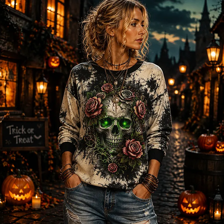 Women's Gothic Style Graphic Crewneck Sweatshirt - Spooky Green-eyed Skull And Red Roses Print Pullover