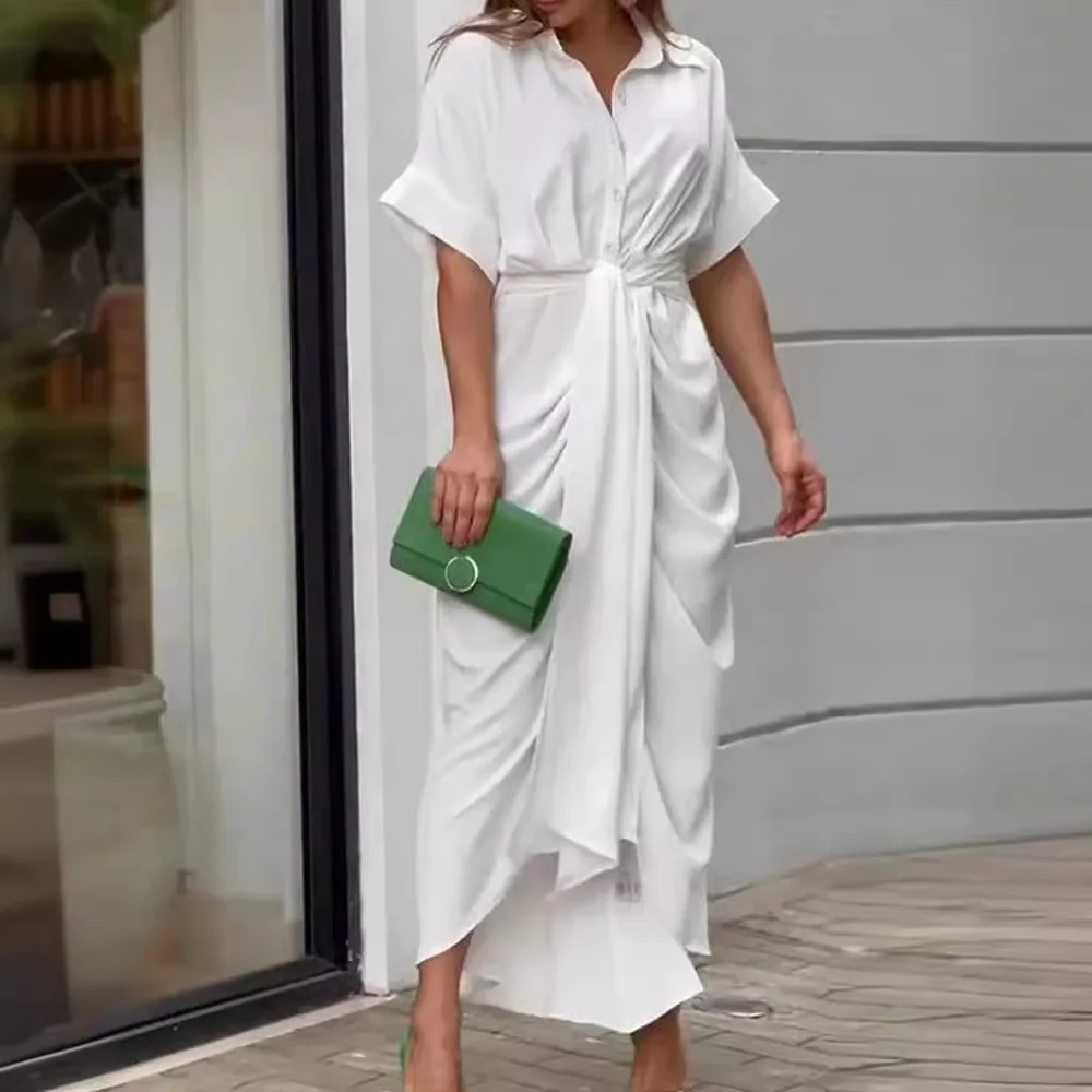 Nigikala Nigikala Summer Single Buckle Long Shirt Women's Printed Short-Sleeved Dress