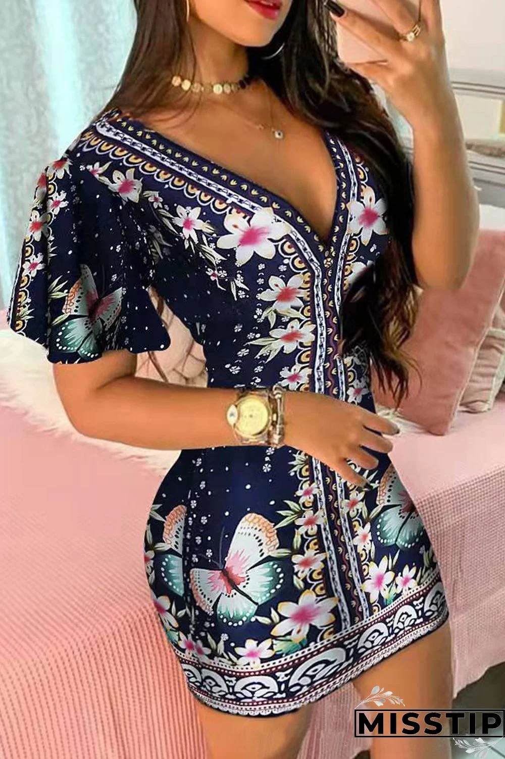 Tibetan Blue Casual Print Basic V Neck Short Sleeve Dress