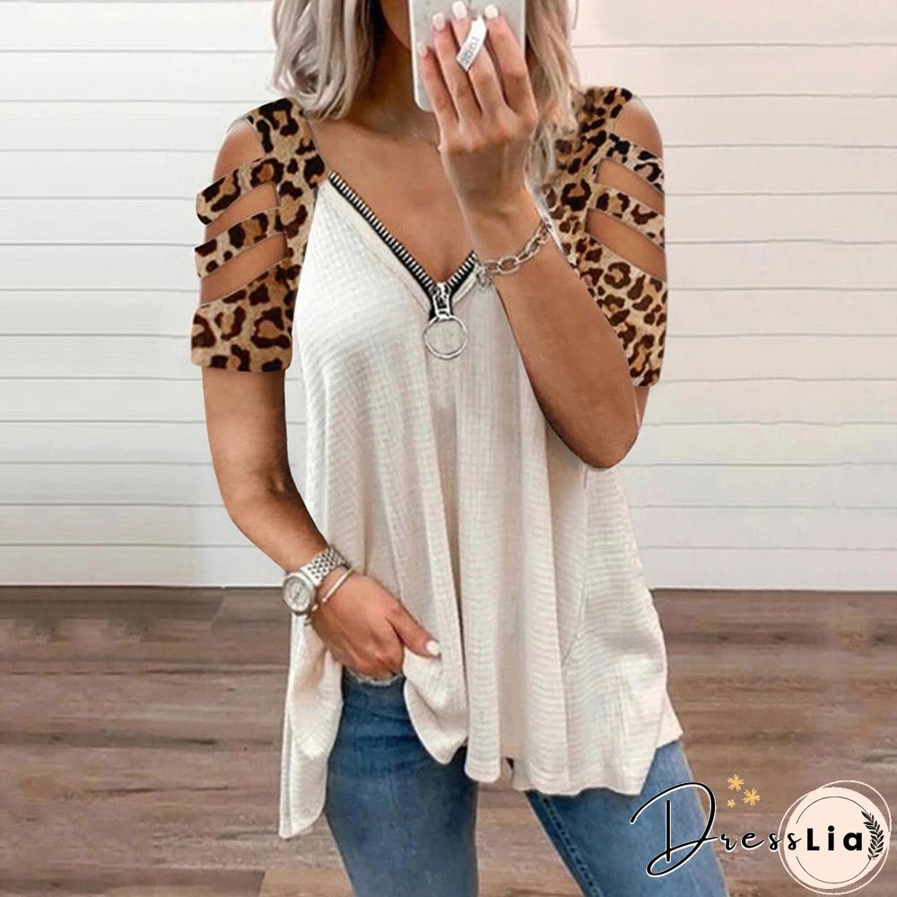 Summer Hollow Out Short Sleeve T-Shirts Women Sexy Zipper V-Neck Casual Ladies Tops Fashion Female Streetwear Blouse Tee D30