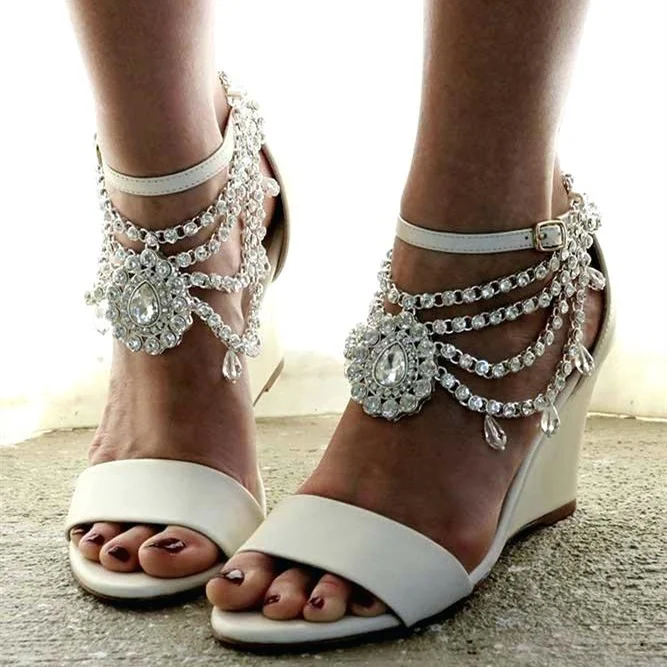 White Rhinestone Ankle Strap Wedding Wedges Sandals |FSJ Shoes