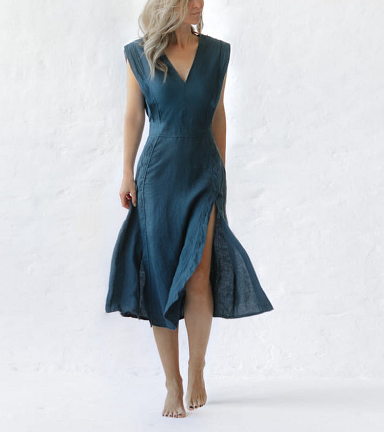 Elegant V-Neck With Side Slit Midi Dress