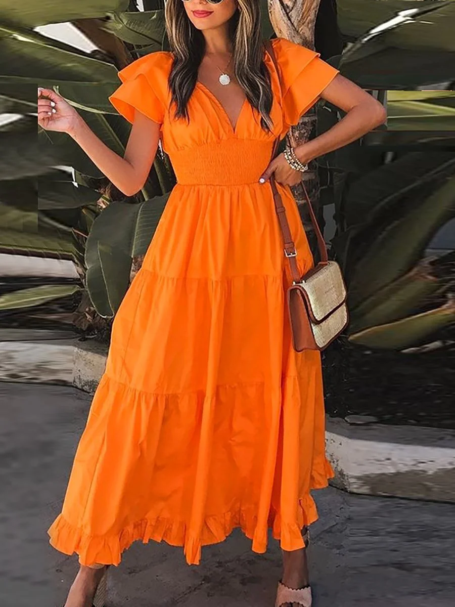 V-neck short-sleeved A-line dress
