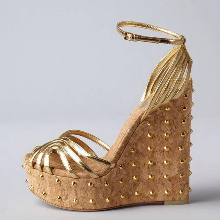 Gold Metallic Wedge Sandals Peep Toe Strappy Studded Platform Heels |FSJ Shoes