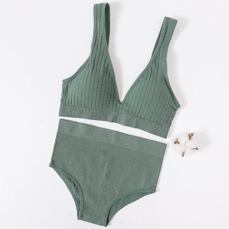 Women's Underwear Sports Bra Panties Set Female Wirefree Brassiere Seamless Top Sexy Set High Waist Brief V Neck Lingerie Set